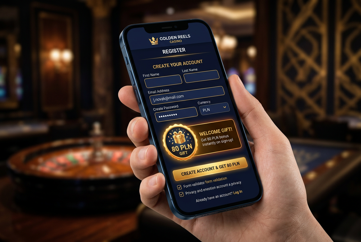 Smartphone showing online casino registration form with 80 PLN bonus