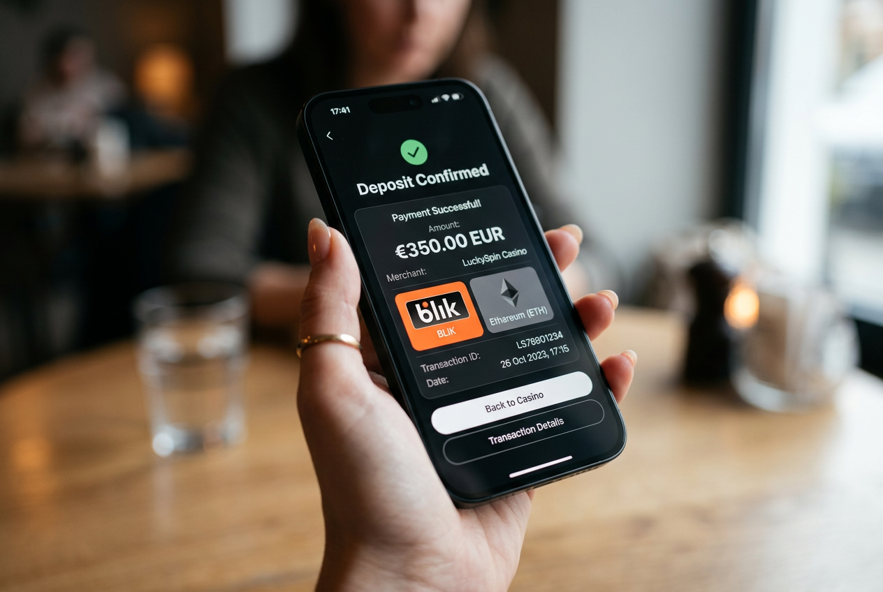 Smartfon wyświetlający logo BLIK oraz kryptowaluty w kontekście płatności w kasynie online