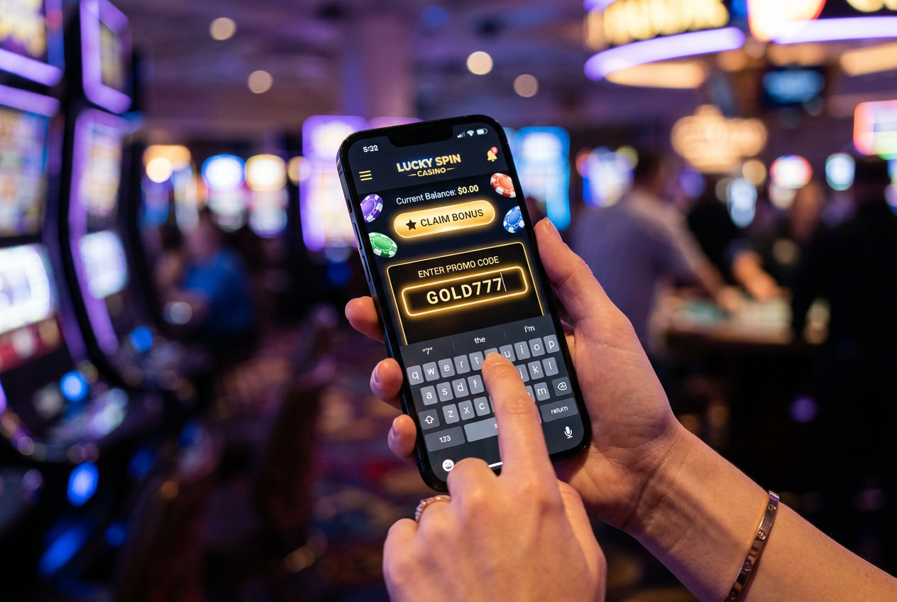 Smartphone displaying a casino promo code entry field with glowing effects