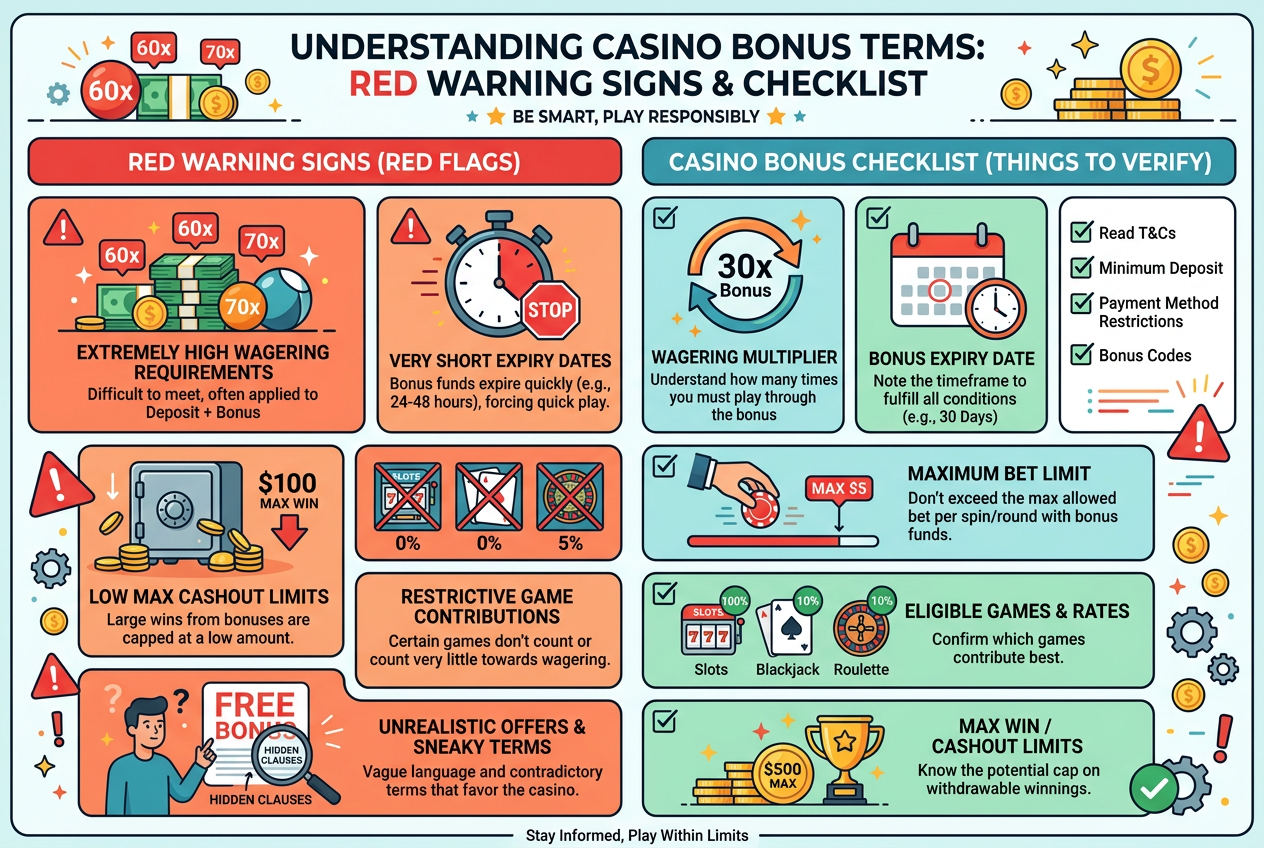 Graphic showing red flags for deceptive casino bonus offers