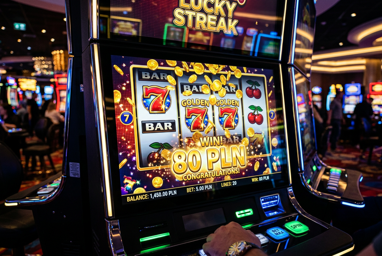 Modern slot machine display showing 80 PLN win symbols