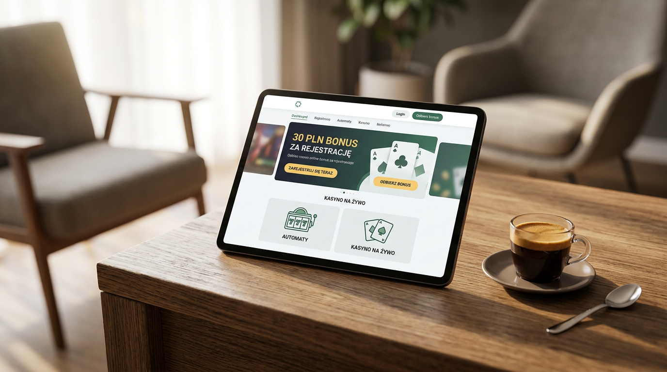 Modern casino dashboard on a tablet with 30 PLN bonus highlighted.