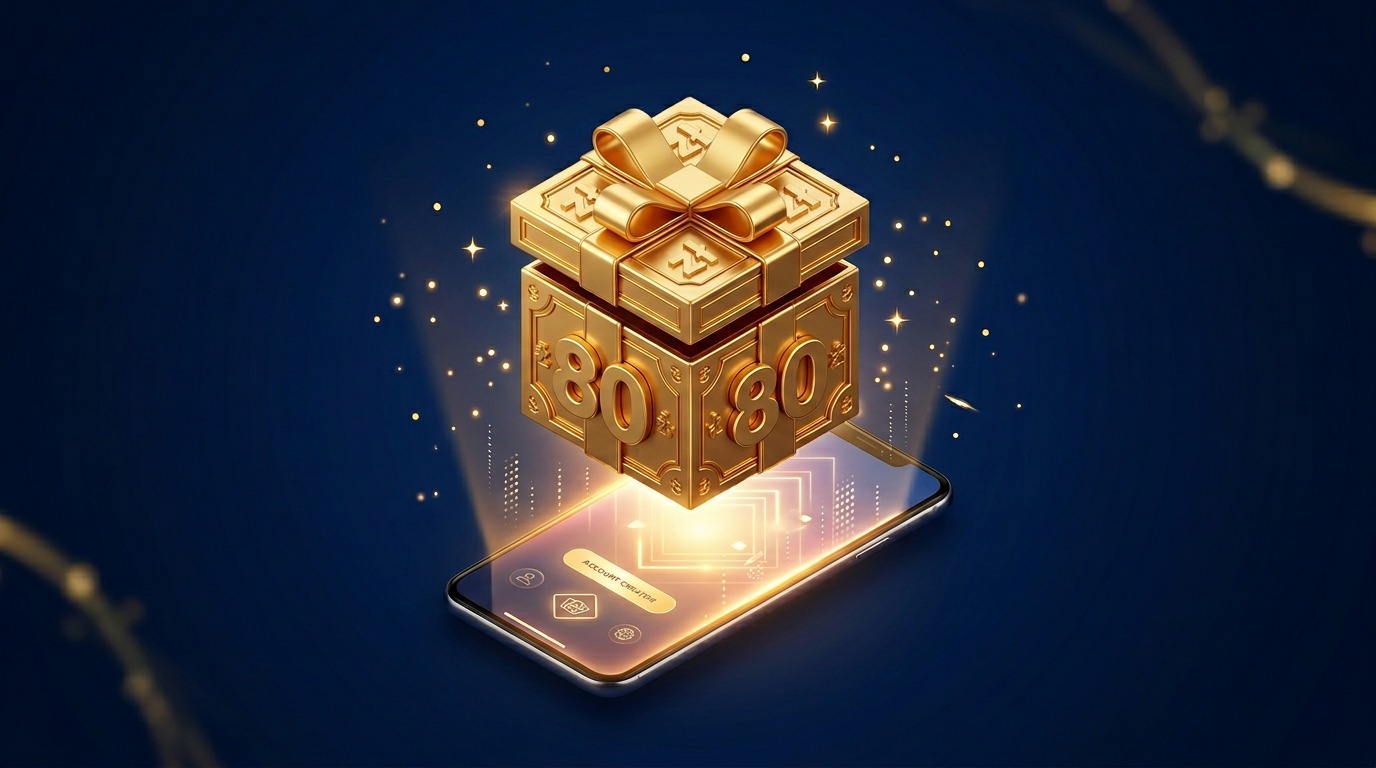 Golden 80 PLN casino bonus gift box above a smartphone screen