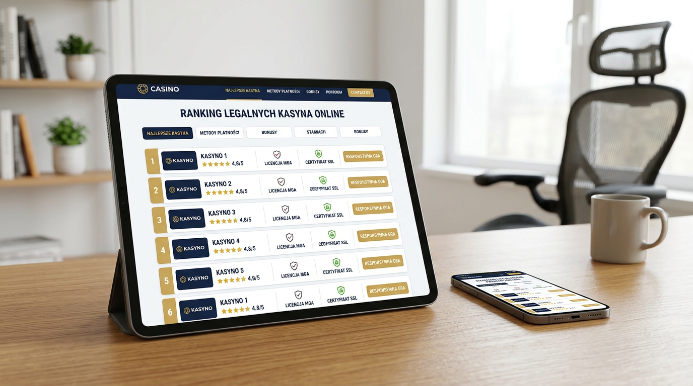 Interfejs legalnego kasyna online na tablecie z widocznym rankingiem i certyfikatami bezpieczeństwa