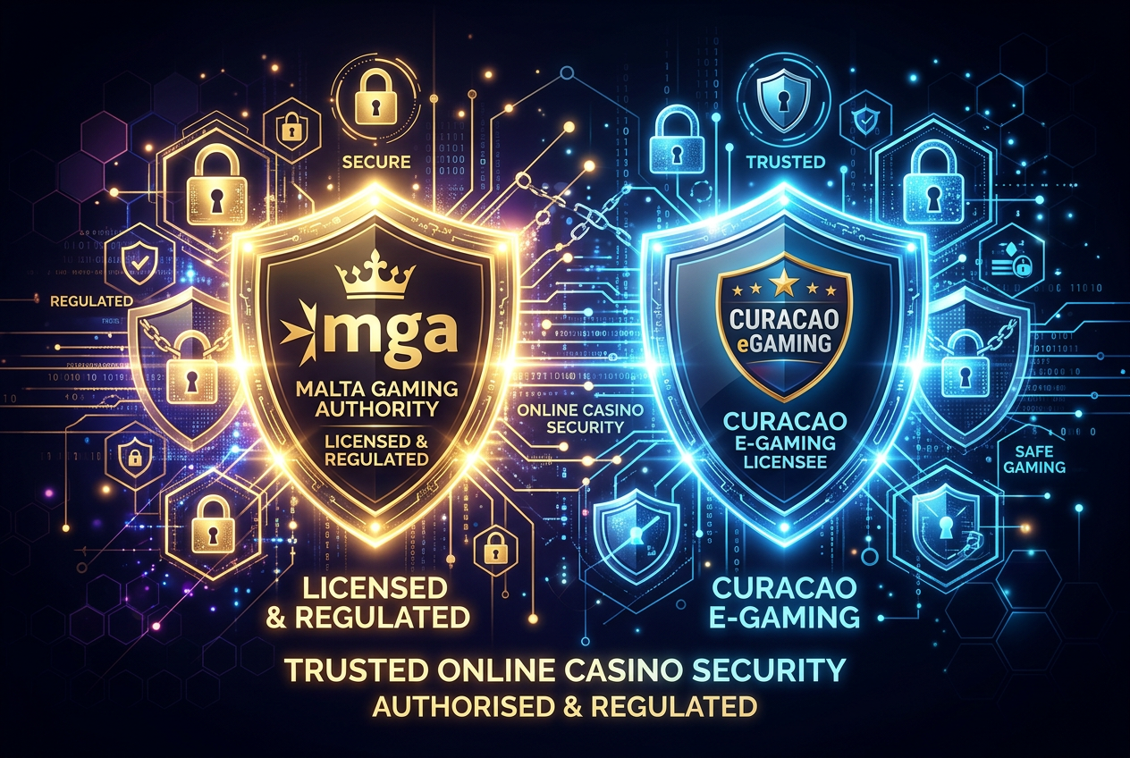 Symbole licencji MGA i Curacao na tle cyfrowych zabezpieczeń
