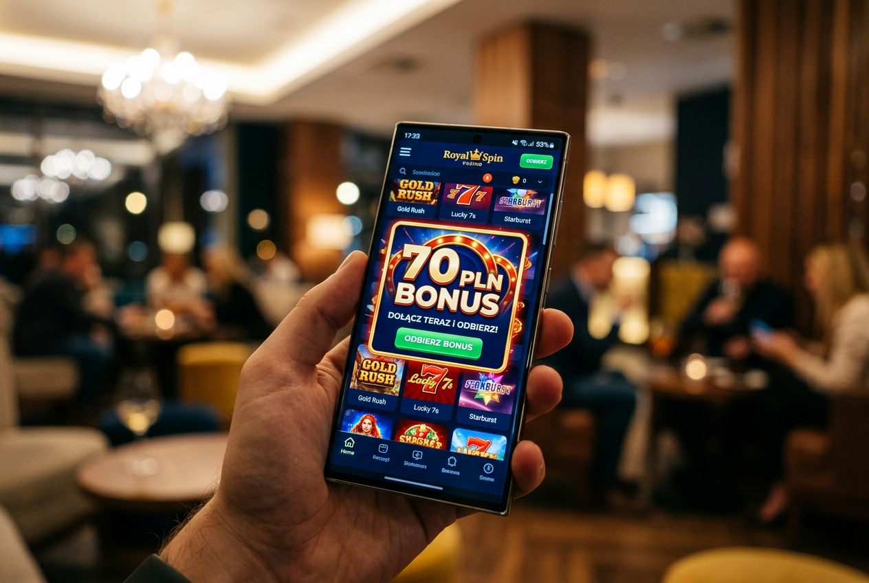 Zbliżenie na ekran nowoczesnego smartfona wyświetlającego aplikację kasyna z banerem bonusu 70 PLN