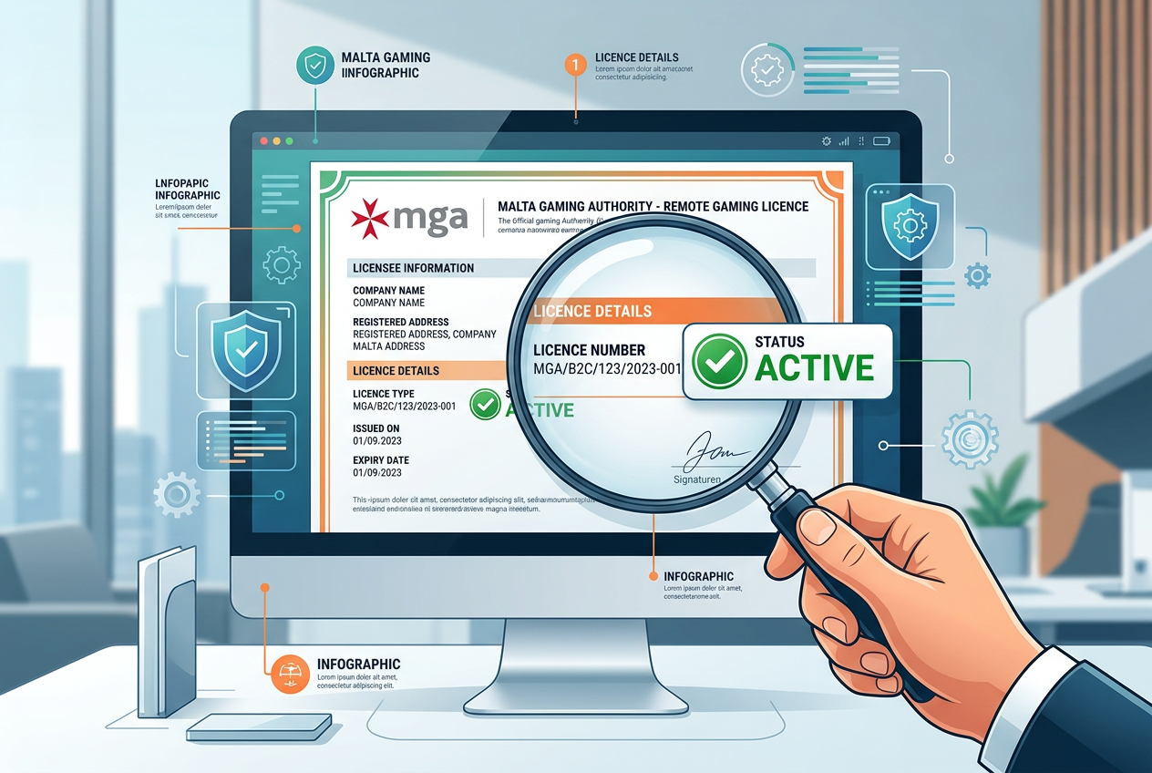 Infografika przedstawiająca sposób weryfikacji licencji kasyna online na oficjalnej stronie regulatora